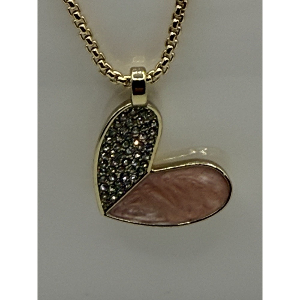 RJ Graziano Heart Pendant Necklace Gold Tone Pink Enamel Crystal 16-19"